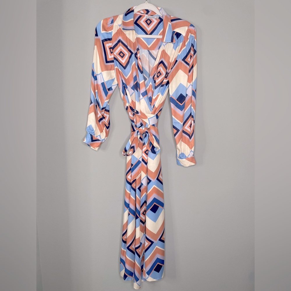 Gallery Geo-Print Satiny Maxi Wrap Dress